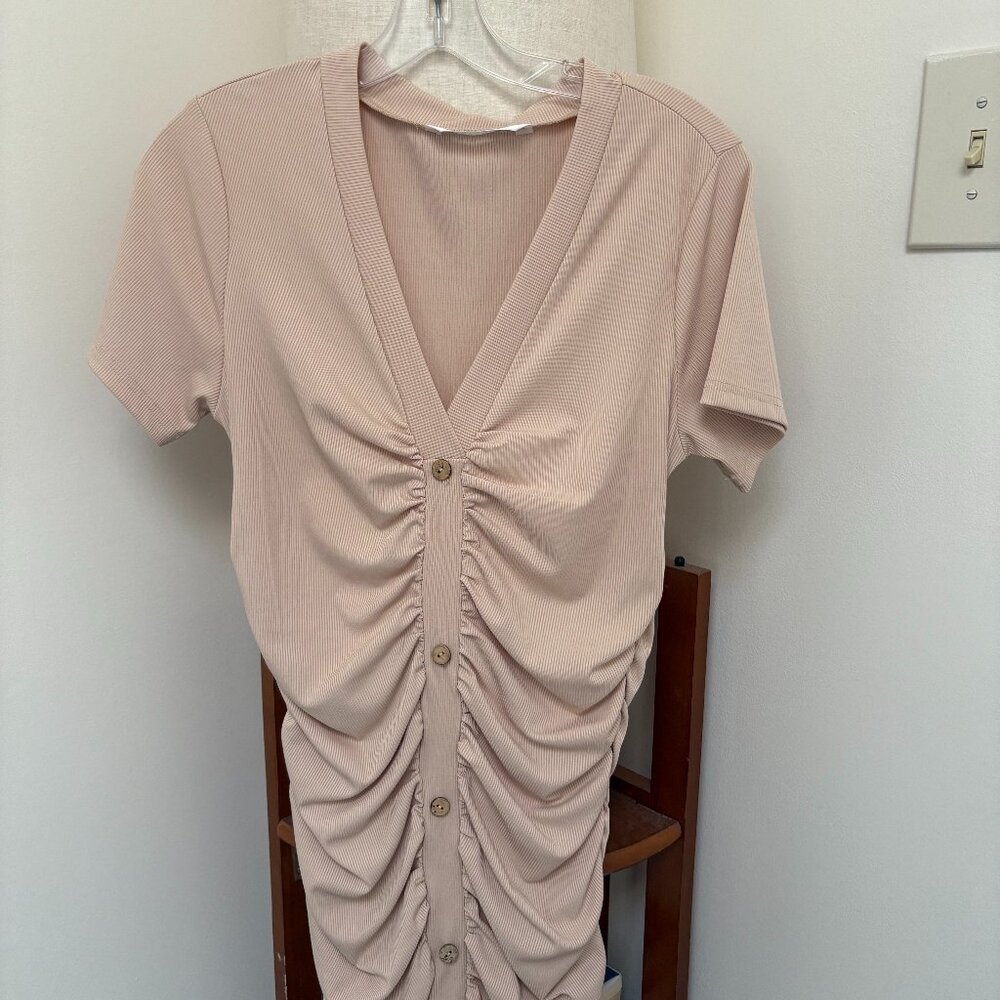 Tan, bodycon, cinched dress